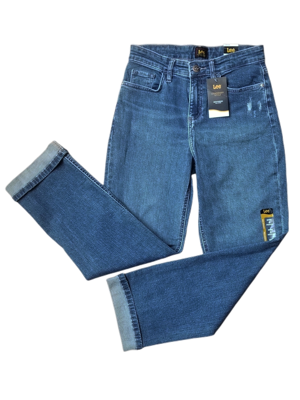 Women's 4 Boyfriend Jeans Cuffed Mid-Rise Curvy Fit Stretch Medium Wash